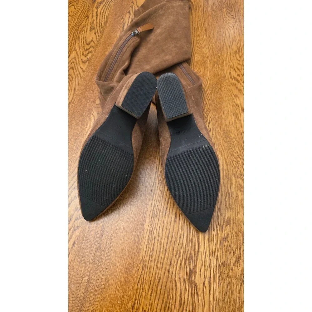 Womens Sz 40 Brown Faux Suede Over The Knee Block Heel Pointed Toe Zip Boots